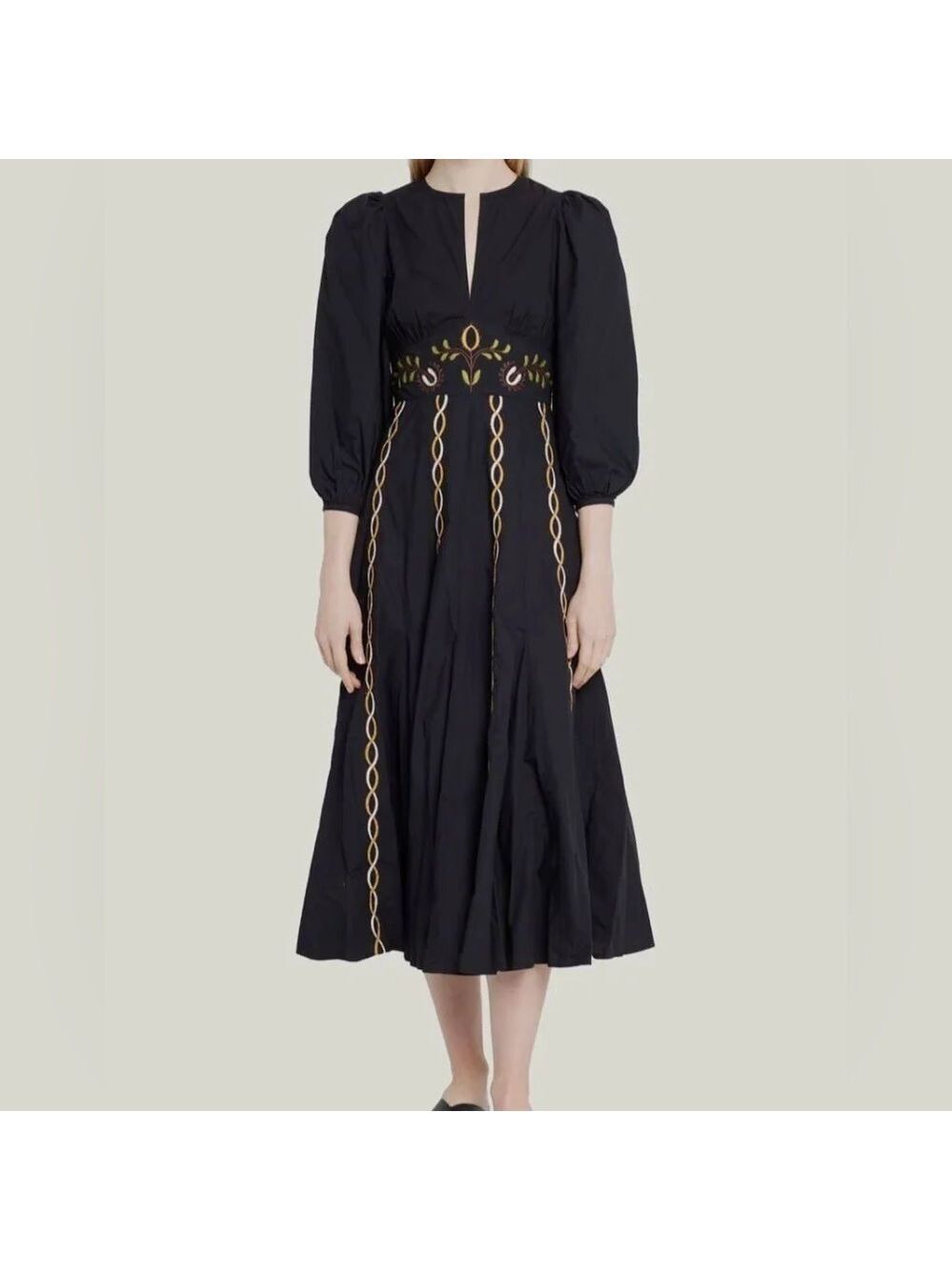 RHODE Eunice Puff-Sleeve Embroidered Midi Dress in Black Size XS